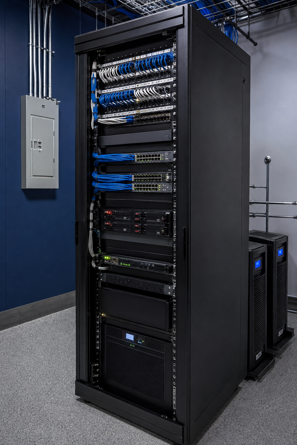 Professionally installed commercial network rack with organized cabling and enterprise equipment